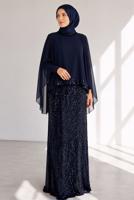 Tesettür giyim LACİVERT PELERİNLİ PULLU ABİYE ELBİSE T 8284