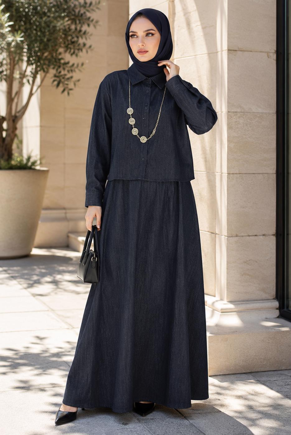Vêtements hijab BLEU MARINE ENSEMBLE ROBE EN JEAN T 8433