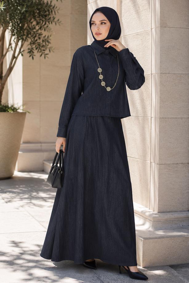 Vêtements hijab BLEU MARINE T 8433 EKR ELBİSELİ DENİM TAKIM - TRENDTESETTÜR
