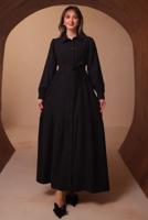 Tesettür giyim SİYAH KUŞAKLI DİYAGONEL ELBİSE T 8462