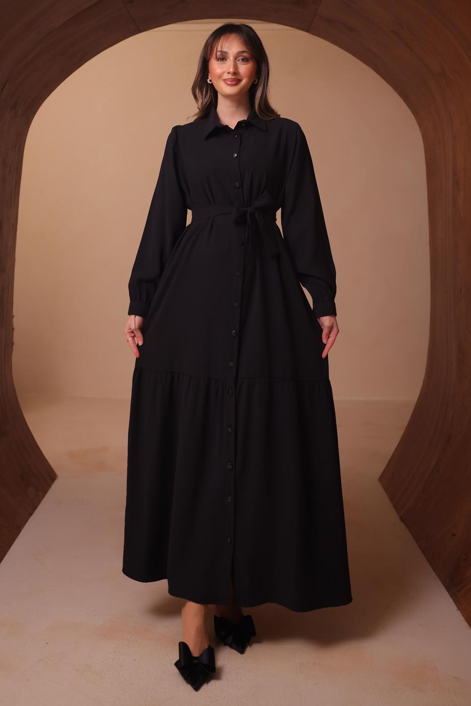 Tesettür giyim SİYAH KUŞAKLI DİYAGONEL ELBİSE T 8462