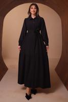 Tesettür giyim SİYAH KUŞAKLI DİYAGONEL ELBİSE T 8462