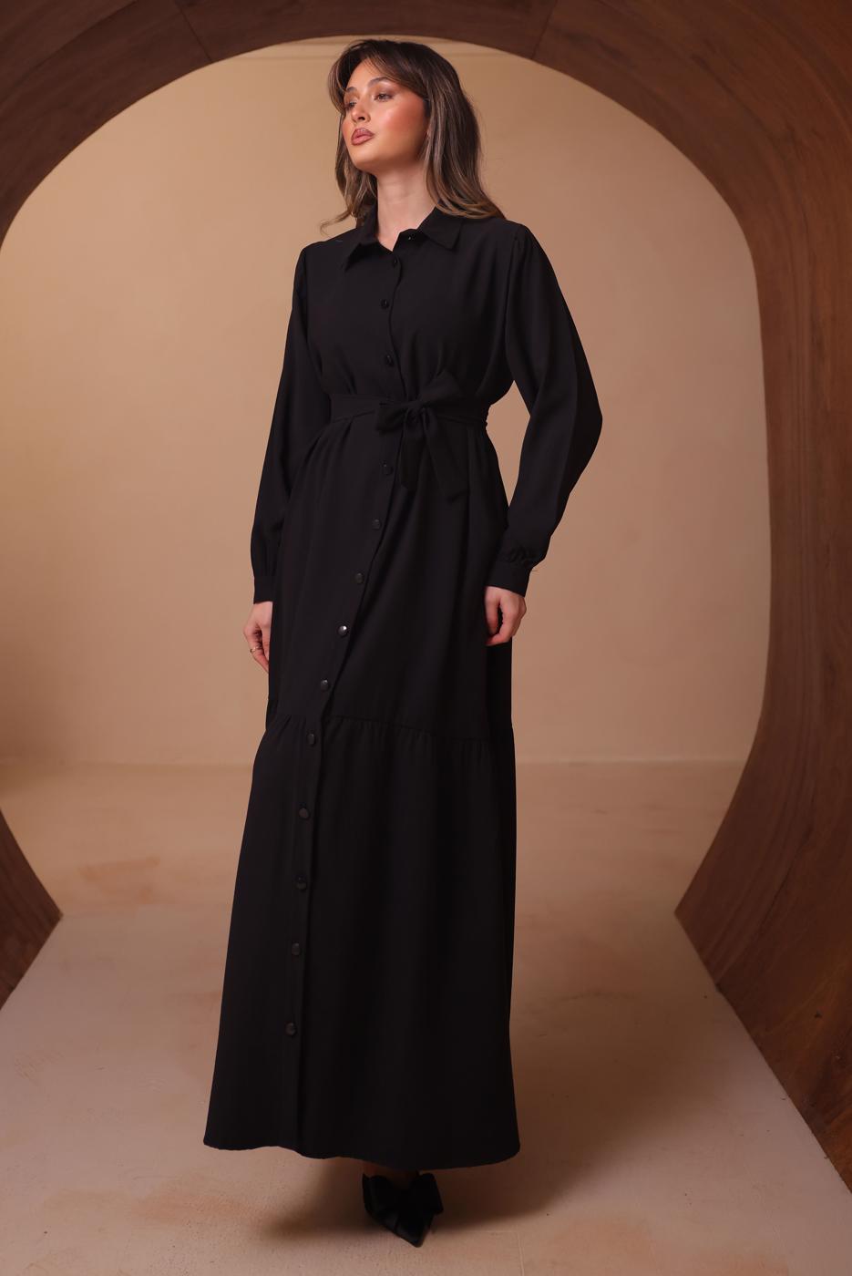 Tesettür giyim SİYAH KUŞAKLI DİYAGONEL ELBİSE T 8462