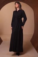 Tesettür giyim SİYAH KUŞAKLI DİYAGONEL ELBİSE T 8462