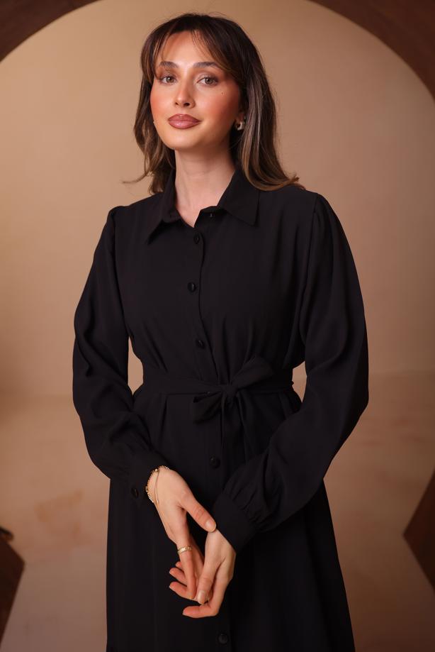 Tesettür giyim SİYAH KUŞAKLI GÖMLEK YAKA ELBİSE T 8462 - TRENDTESETTÜR