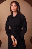 Tesettür giyim SİYAH KUŞAKLI DİYAGONEL ELBİSE T 8462