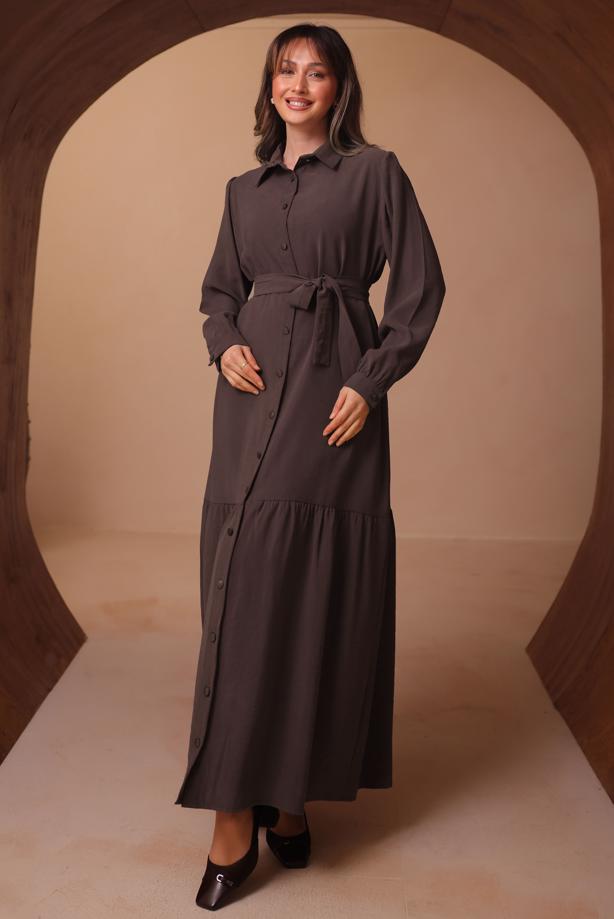 Tesettür giyim KAHVE KUŞAKLI GÖMLEK YAKA ELBİSE T 8462 - TRENDTESETTÜR