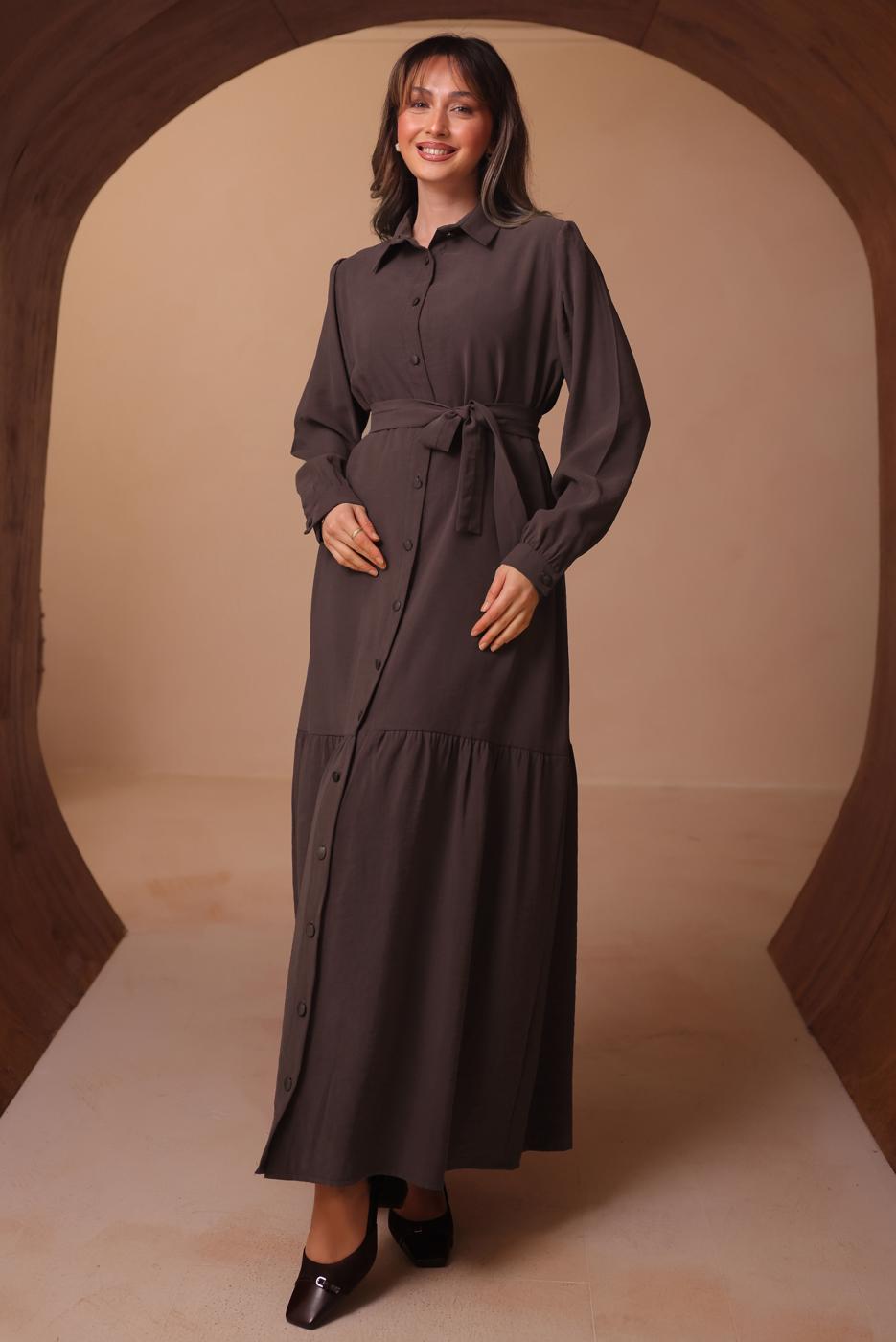 Tesettür giyim KAHVE KUŞAKLI DİYAGONEL ELBİSE T 8462