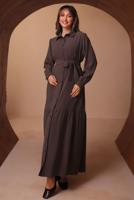 Tesettür giyim KAHVE KUŞAKLI DİYAGONEL ELBİSE T 8462