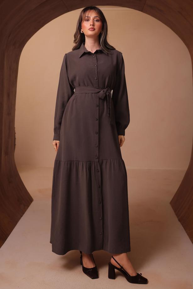 Tesettür giyim KAHVE KUŞAKLI GÖMLEK YAKA ELBİSE T 8462 - TRENDTESETTÜR