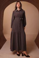 Tesettür giyim KAHVE KUŞAKLI DİYAGONEL ELBİSE T 8462