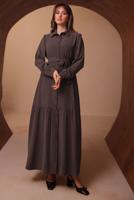 Tesettür giyim KAHVE KUŞAKLI DİYAGONEL ELBİSE T 8462