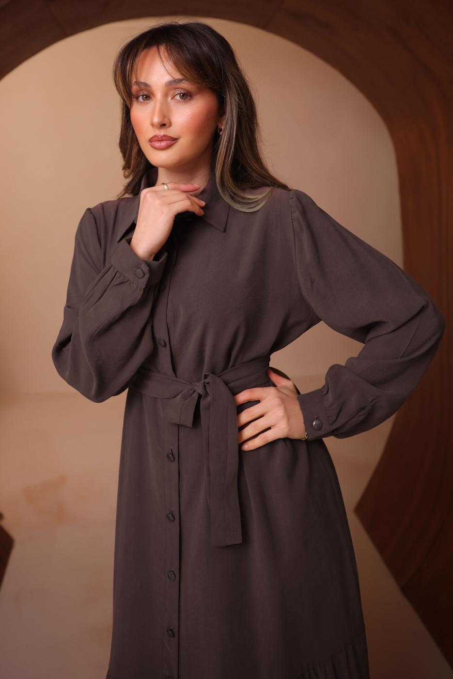 Tesettür giyim KAHVE KUŞAKLI DİYAGONEL ELBİSE T 8462