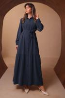 Tesettür giyim LACİVERT KUŞAKLI DİYAGONEL ELBİSE T 8462