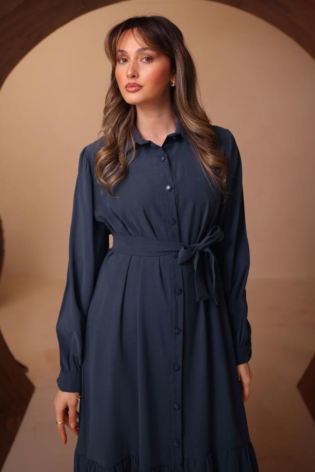 Tesettür giyim LACİVERT KUŞAKLI GÖMLEK YAKA ELBİSE T 8462 - TRENDTESETTÜR