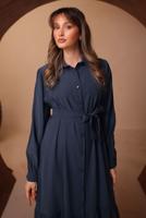 Tesettür giyim LACİVERT KUŞAKLI DİYAGONEL ELBİSE T 8462