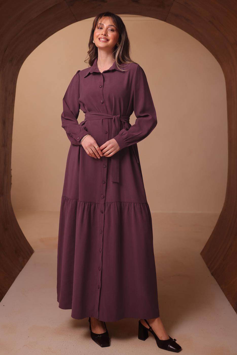 Tesettür giyim MÜRDÜM KUŞAKLI DİYAGONEL ELBİSE T 8462