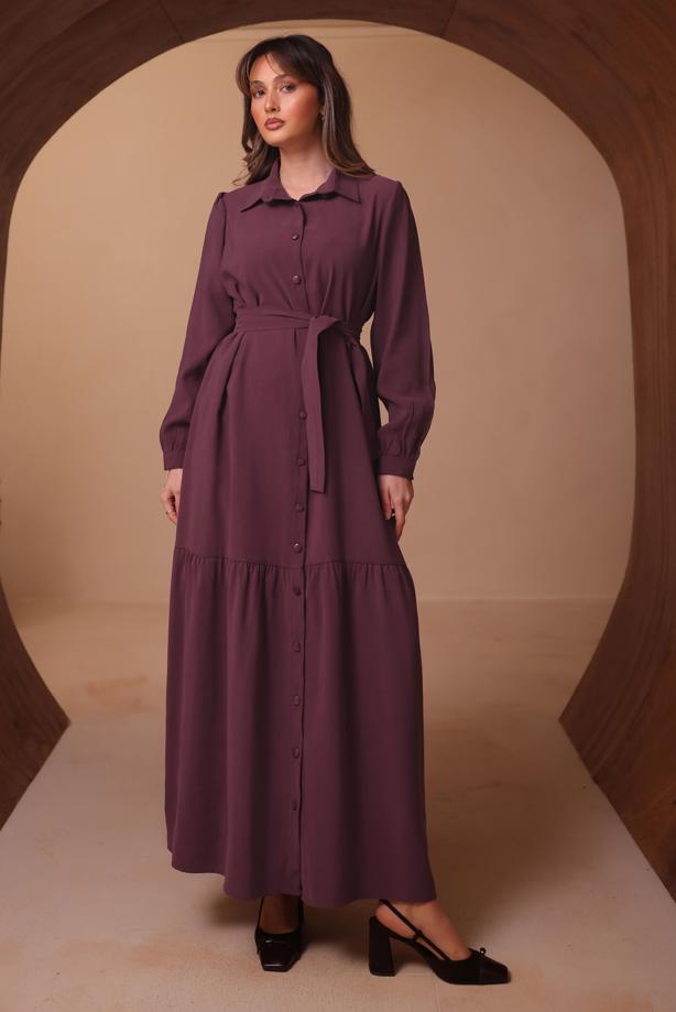 Tesettür giyim MÜRDÜM KUŞAKLI GÖMLEK YAKA ELBİSE T 8462 - TRENDTESETTÜR