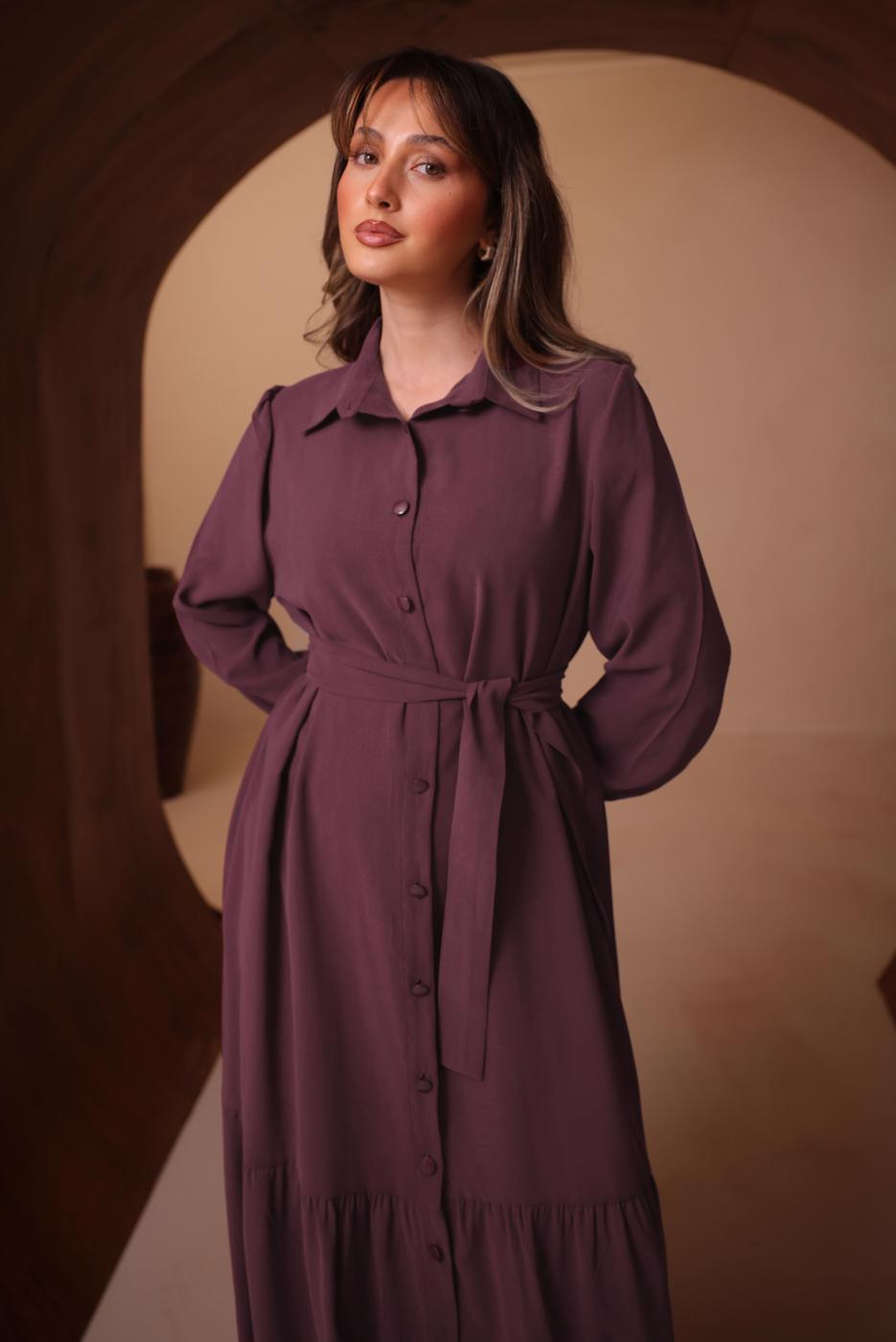 Tesettür giyim MÜRDÜM KUŞAKLI DİYAGONEL ELBİSE T 8462