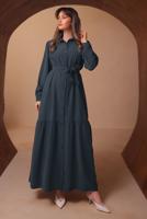 Tesettür giyim GRİ KUŞAKLI DİYAGONEL ELBİSE T 8462