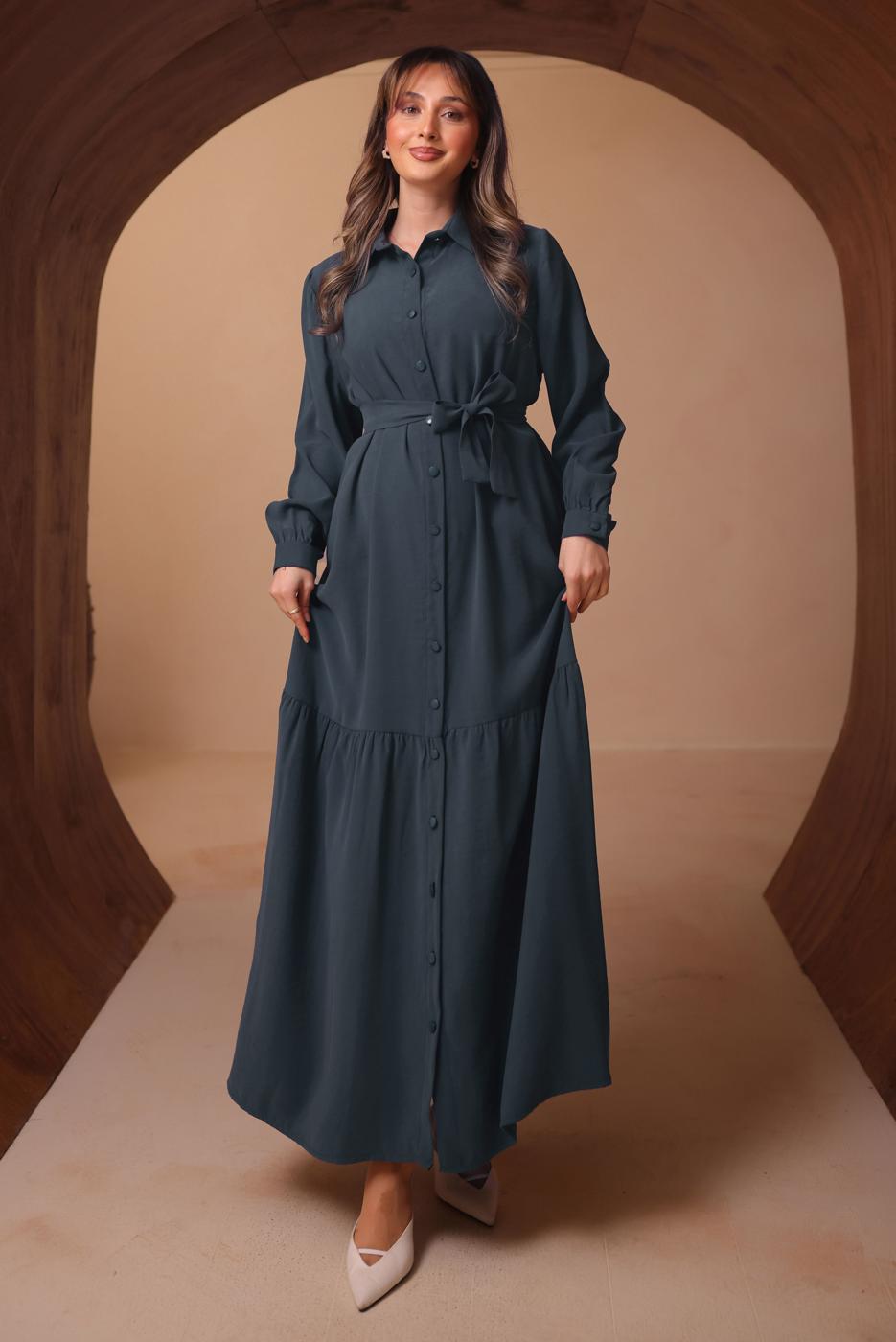 Tesettür giyim GRİ KUŞAKLI DİYAGONEL ELBİSE T 8462