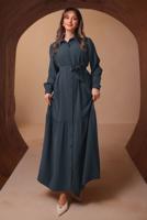 Tesettür giyim GRİ KUŞAKLI DİYAGONEL ELBİSE T 8462