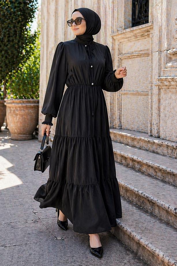 Tesettür giyim SİYAH BOYUNDAN BAĞLAMALI ŞİFON ELBİSE T 8626 - TRENDTESETTÜR