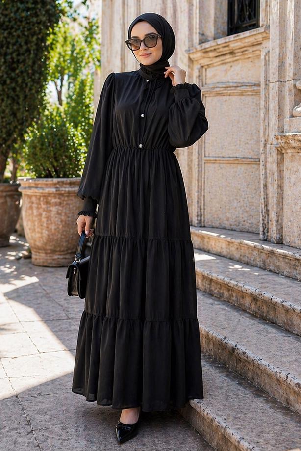 Tesettür giyim SİYAH BOYUNDAN BAĞLAMALI ŞİFON ELBİSE T 8626 - TRENDTESETTÜR
