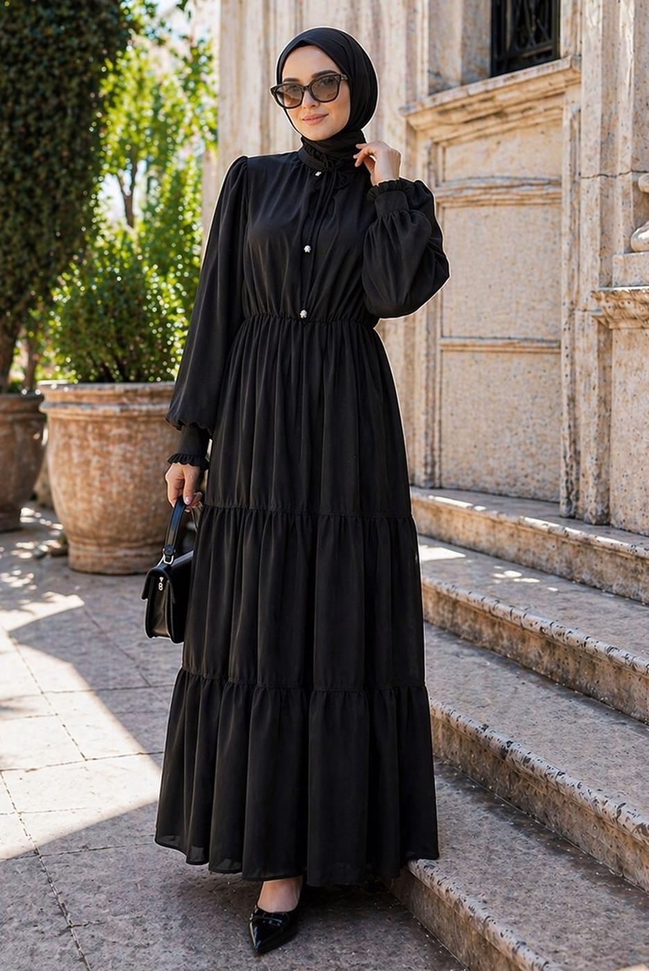 Tesettür giyim SİYAH BOYUNDAN BAĞLAMALI ŞİFON ELBİSE T 8626