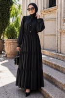 Tesettür giyim SİYAH BOYUNDAN BAĞLAMALI ŞİFON ELBİSE T 8626
