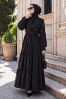 Tesettür giyim SİYAH BOYUNDAN BAĞLAMALI ŞİFON ELBİSE T 8626