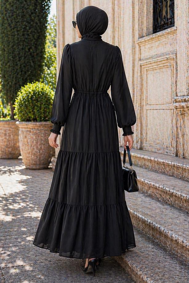 Tesettür giyim SİYAH BOYUNDAN BAĞLAMALI ŞİFON ELBİSE T 8626 - TRENDTESETTÜR