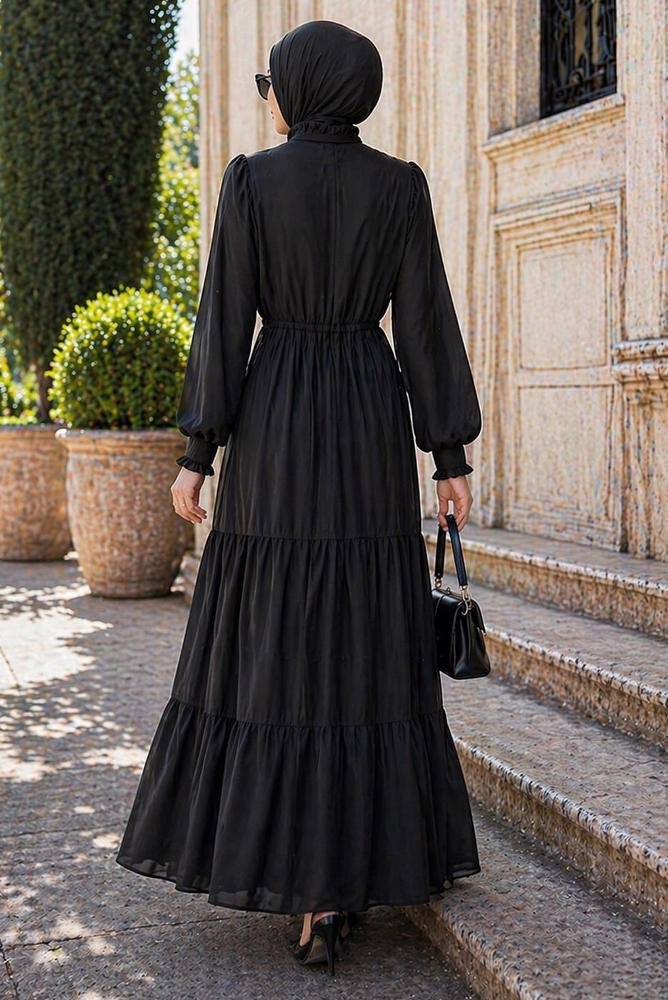 Tesettür giyim SİYAH BOYUNDAN BAĞLAMALI ŞİFON ELBİSE T 8626