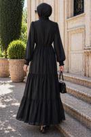 Tesettür giyim SİYAH BOYUNDAN BAĞLAMALI ŞİFON ELBİSE T 8626