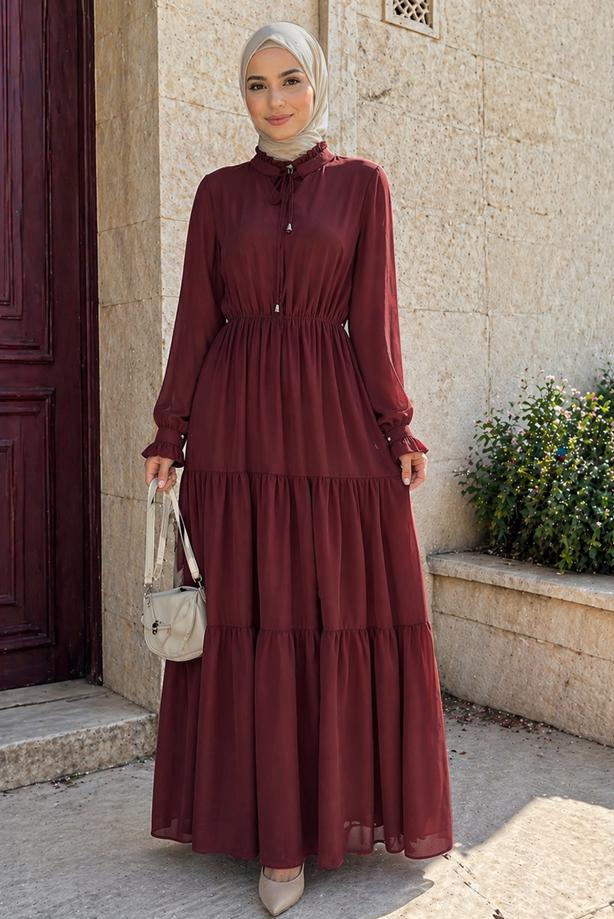 Tesettür giyim BORDO BOYUNDAN BAĞLAMALI ŞİFON ELBİSE T 8626 - TRENDTESETTÜR