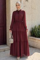 Tesettür giyim BORDO BOYUNDAN BAĞLAMALI ŞİFON ELBİSE T 8626