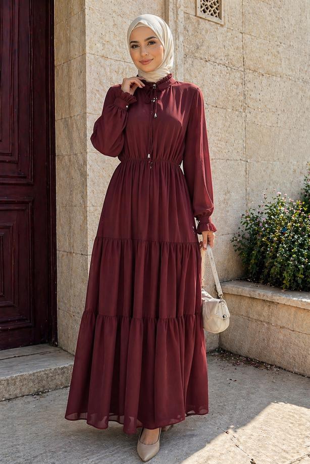 Tesettür giyim BORDO BOYUNDAN BAĞLAMALI ŞİFON ELBİSE T 8626 - TRENDTESETTÜR