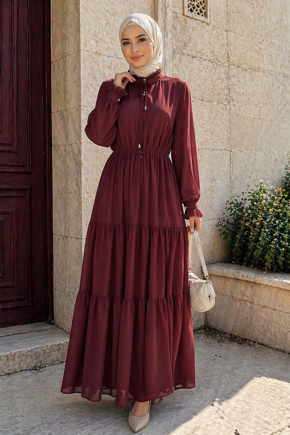 Tesettür giyim BORDO BOYUNDAN BAĞLAMALI ŞİFON ELBİSE T 8626