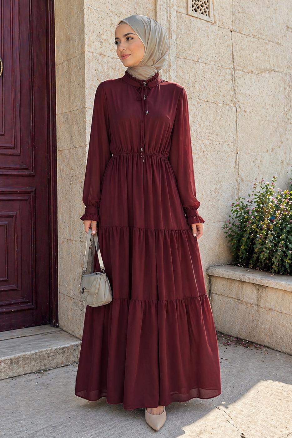 Tesettür giyim BORDO BOYUNDAN BAĞLAMALI ŞİFON ELBİSE T 8626