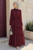 Tesettür giyim BORDO BOYUNDAN BAĞLAMALI ŞİFON ELBİSE T 8626