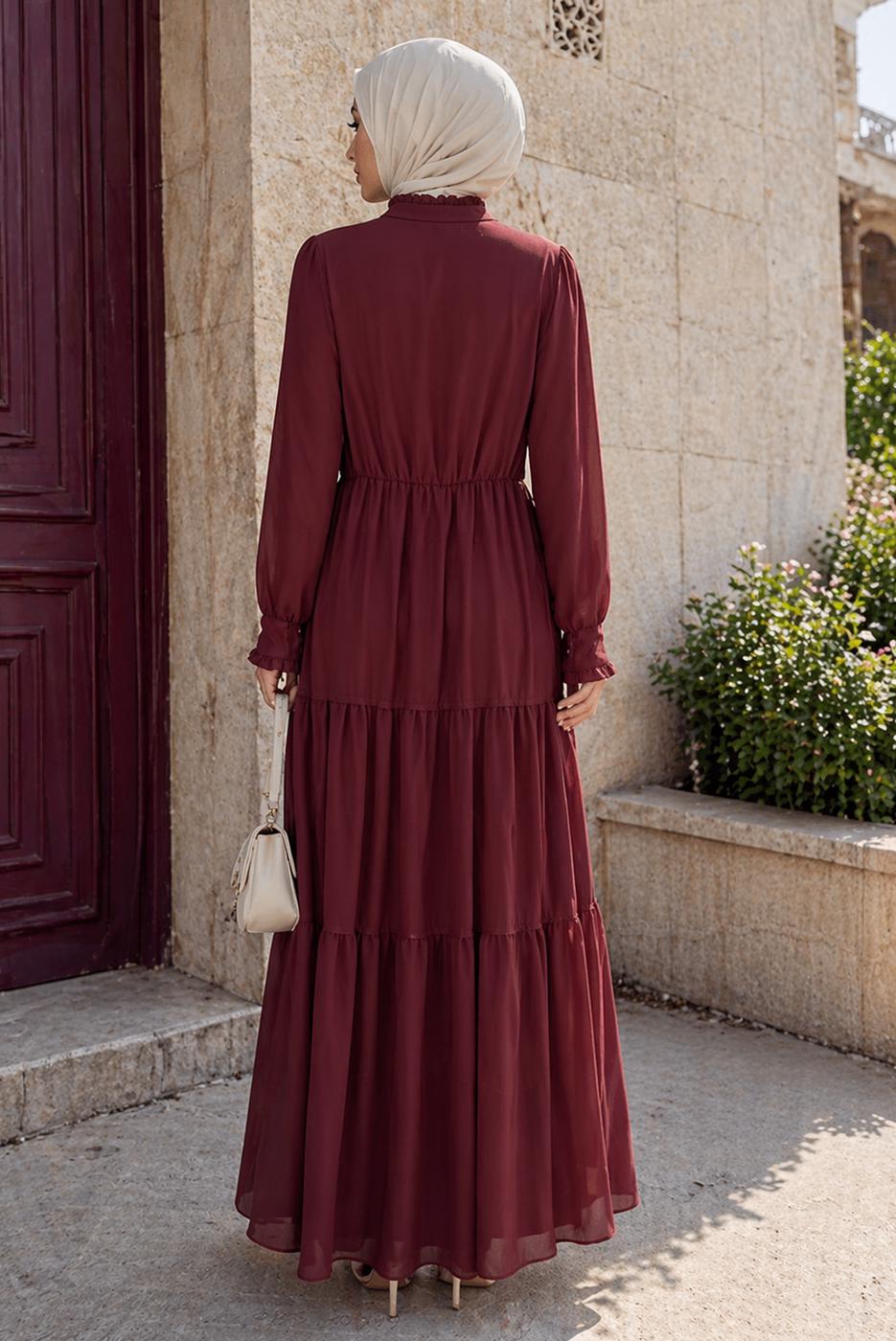 Tesettür giyim BORDO BOYUNDAN BAĞLAMALI ŞİFON ELBİSE T 8626