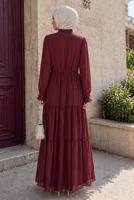 Tesettür giyim BORDO BOYUNDAN BAĞLAMALI ŞİFON ELBİSE T 8626