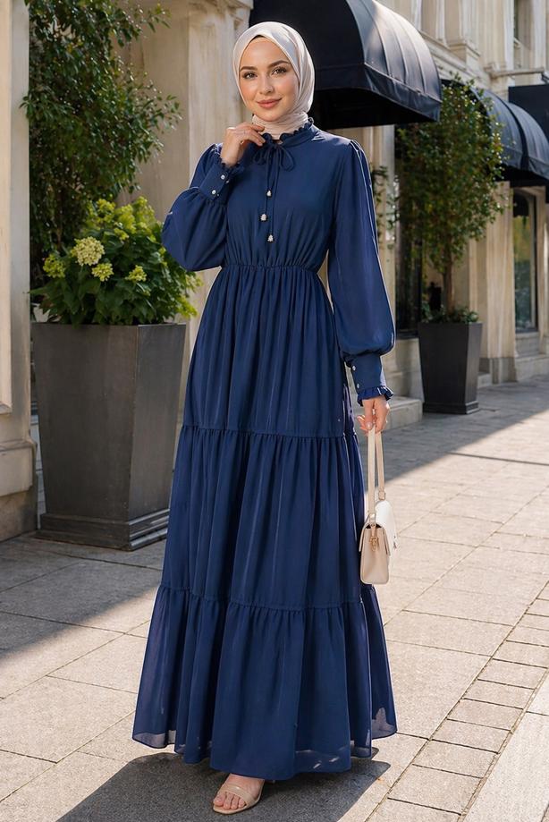 Tesettür giyim LACİVERT BOYUNDAN BAĞLAMALI ŞİFON ELBİSE T 8626 - TRENDTESETTÜR