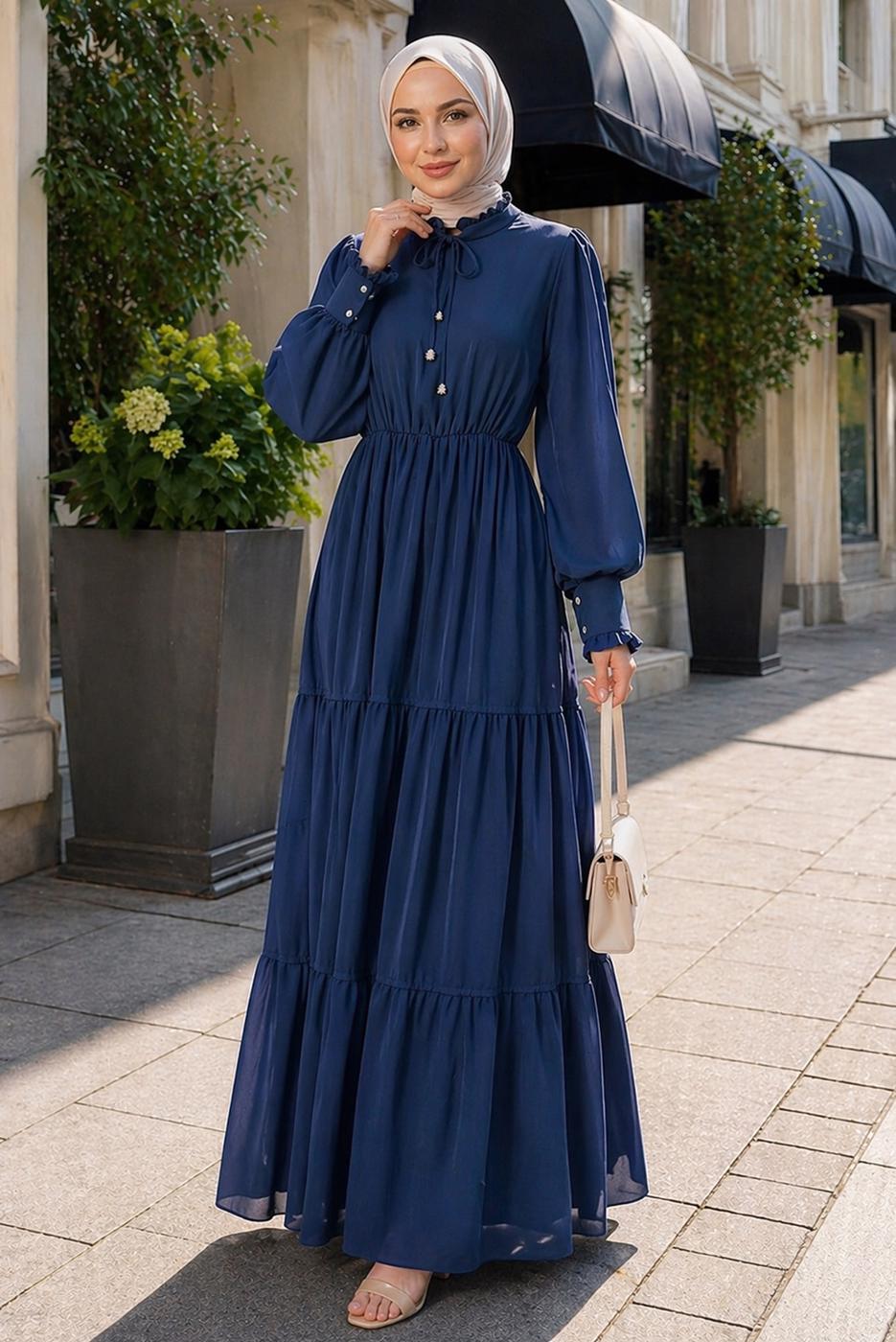 Tesettür giyim LACİVERT BOYUNDAN BAĞLAMALI ŞİFON ELBİSE T 8626