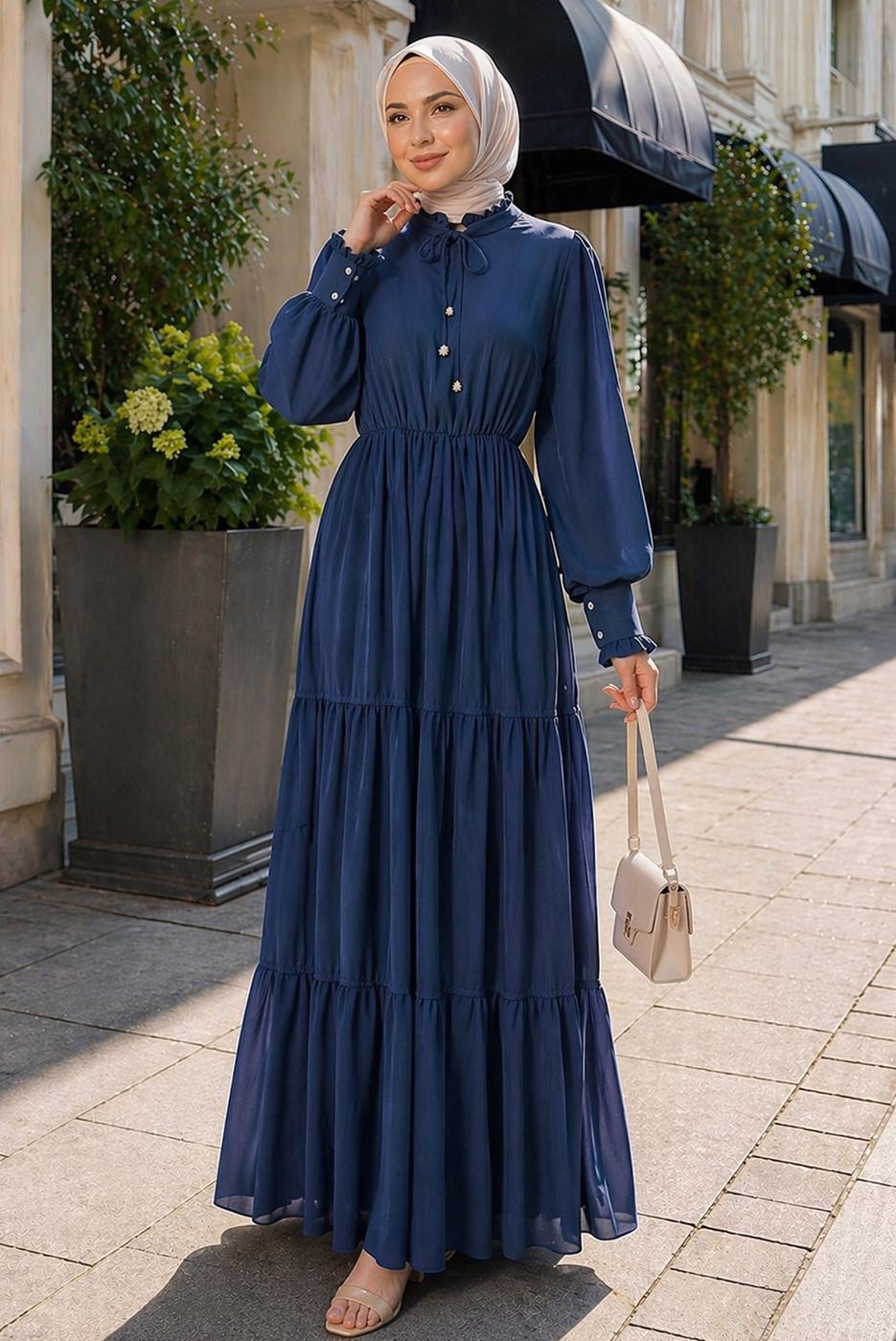 Tesettür giyim LACİVERT BOYUNDAN BAĞLAMALI ŞİFON ELBİSE T 8626