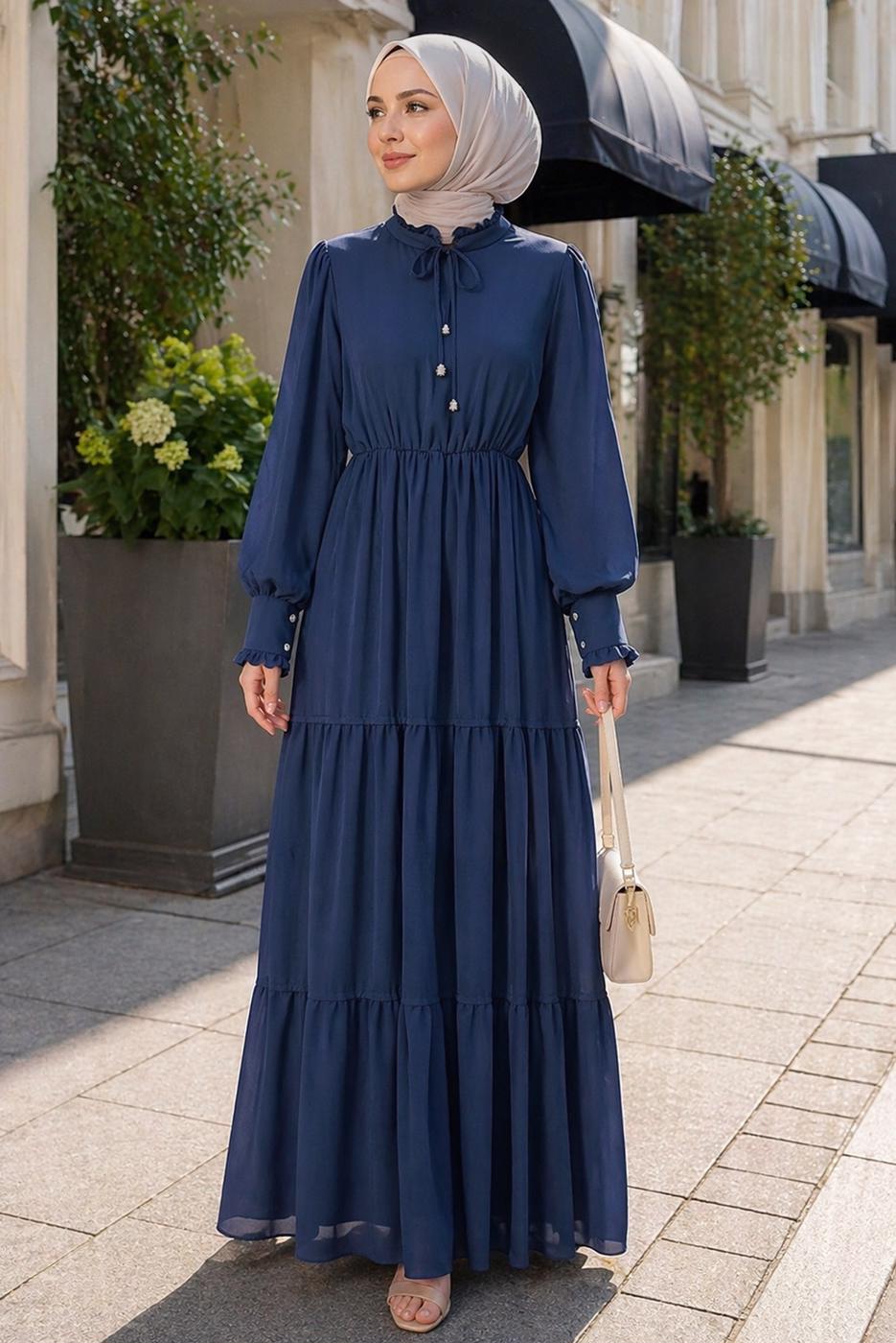 Tesettür giyim LACİVERT BOYUNDAN BAĞLAMALI ŞİFON ELBİSE T 8626