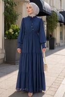 Tesettür giyim LACİVERT BOYUNDAN BAĞLAMALI ŞİFON ELBİSE T 8626