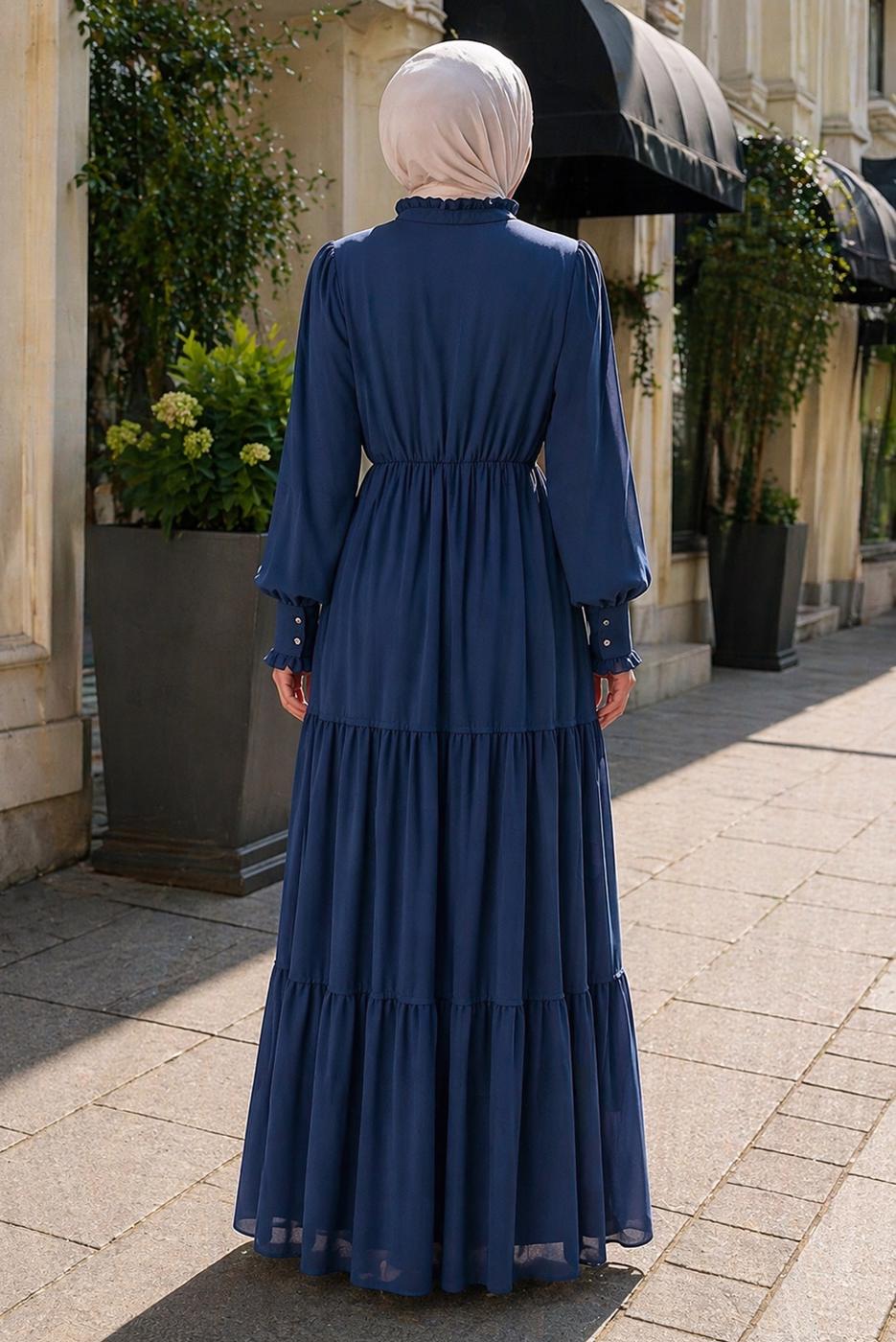 Tesettür giyim LACİVERT BOYUNDAN BAĞLAMALI ŞİFON ELBİSE T 8626