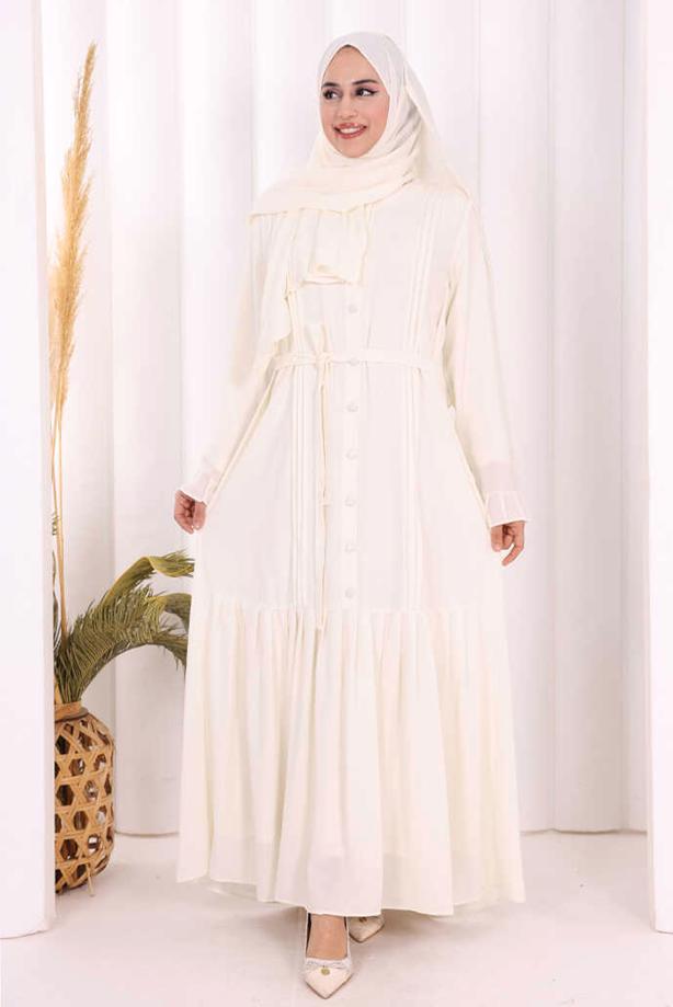 Tesettür giyim EKRU ŞALLI KUŞAK DETAYLI ELBİSE T 9306 - TRENDTESETTÜR