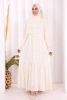 Tesettür giyim EKRU ŞALLI KUŞAK DETAYLI ELBİSE T 9306